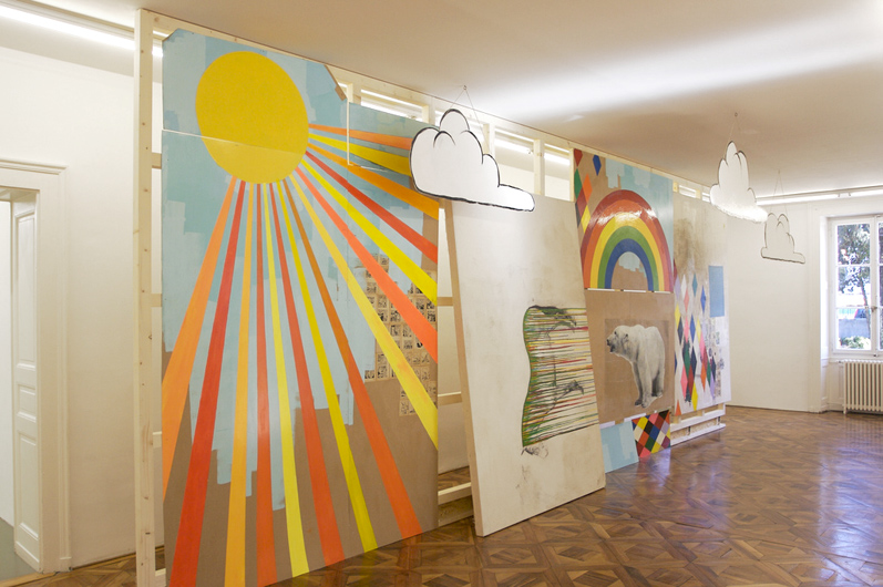 Big State (installation view) 2009, mixed media on wood, paper, and canvas. 700 x 320 cm.