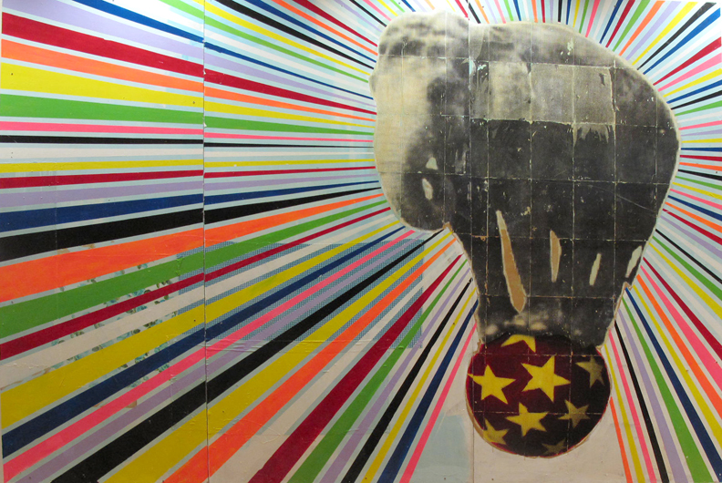 “Elephant”, 2010-11, laser transfer, acrylic and collage on MDF, 250 x 400 cm