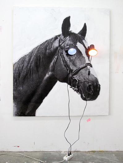 “Ritter”, 2010, clip lamps, colored bulbs, laser print and acrylic paint on MDF, 132 x 152 cm