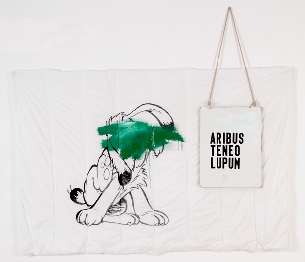 Aribus teneo lupum, 2007 Bipartite - acrylic, and India ink on found blanket - venyl on pressboard 120 x 180 / 55 x 41 cm