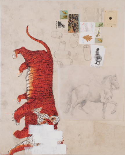 Ligerchen, 2007 Acylic, India ink, collage, pencildrawing on glassine on cotton 210 x 170 cm