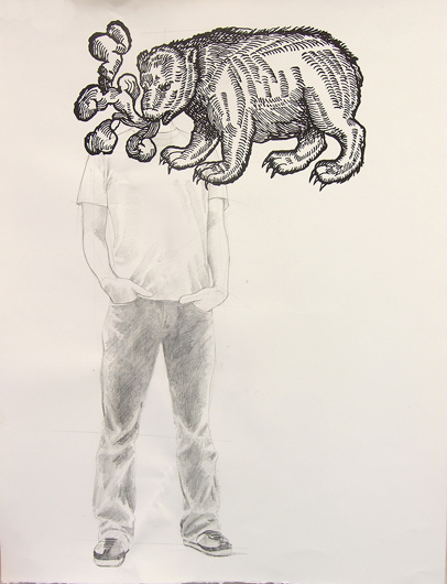 bearhead, 2008 graphite and live bear on paper