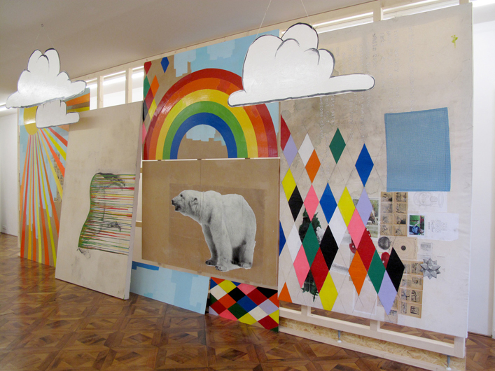 Big State (installation view) 2009, mixed media on wood, paper, and canvas. 700 x 320 cm.