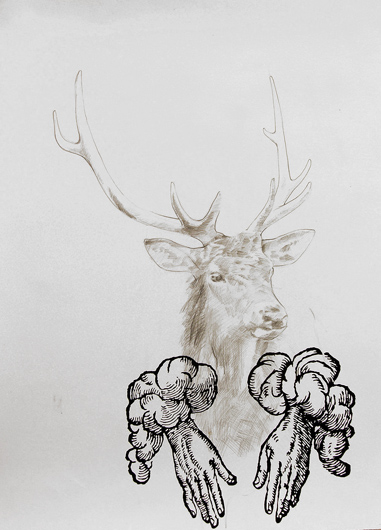 deer with hands, 2008, graphite and ink on paper
