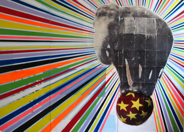 “Elephant”, 2010/11, laser transfer, acrylic paint and collage on MDF, 250 x 400 cm